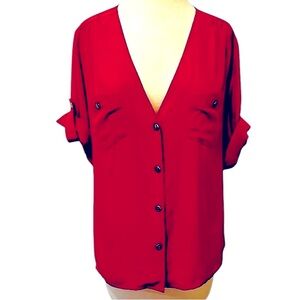 Amanda Uprichard 100% Silk Red Rolled Sleeve Button Up Lightweight Blouse Large